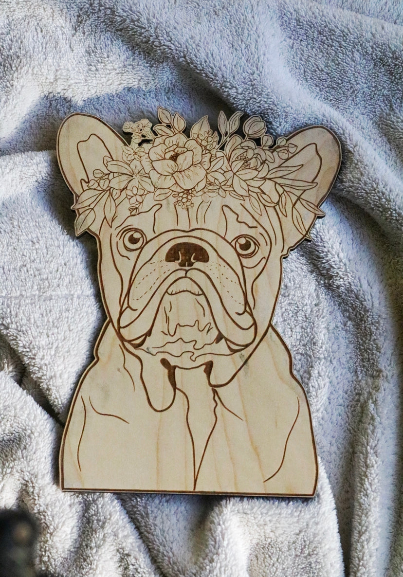 Dogs 8” French Bulldog Flower Crown Wooden Wall Hanging