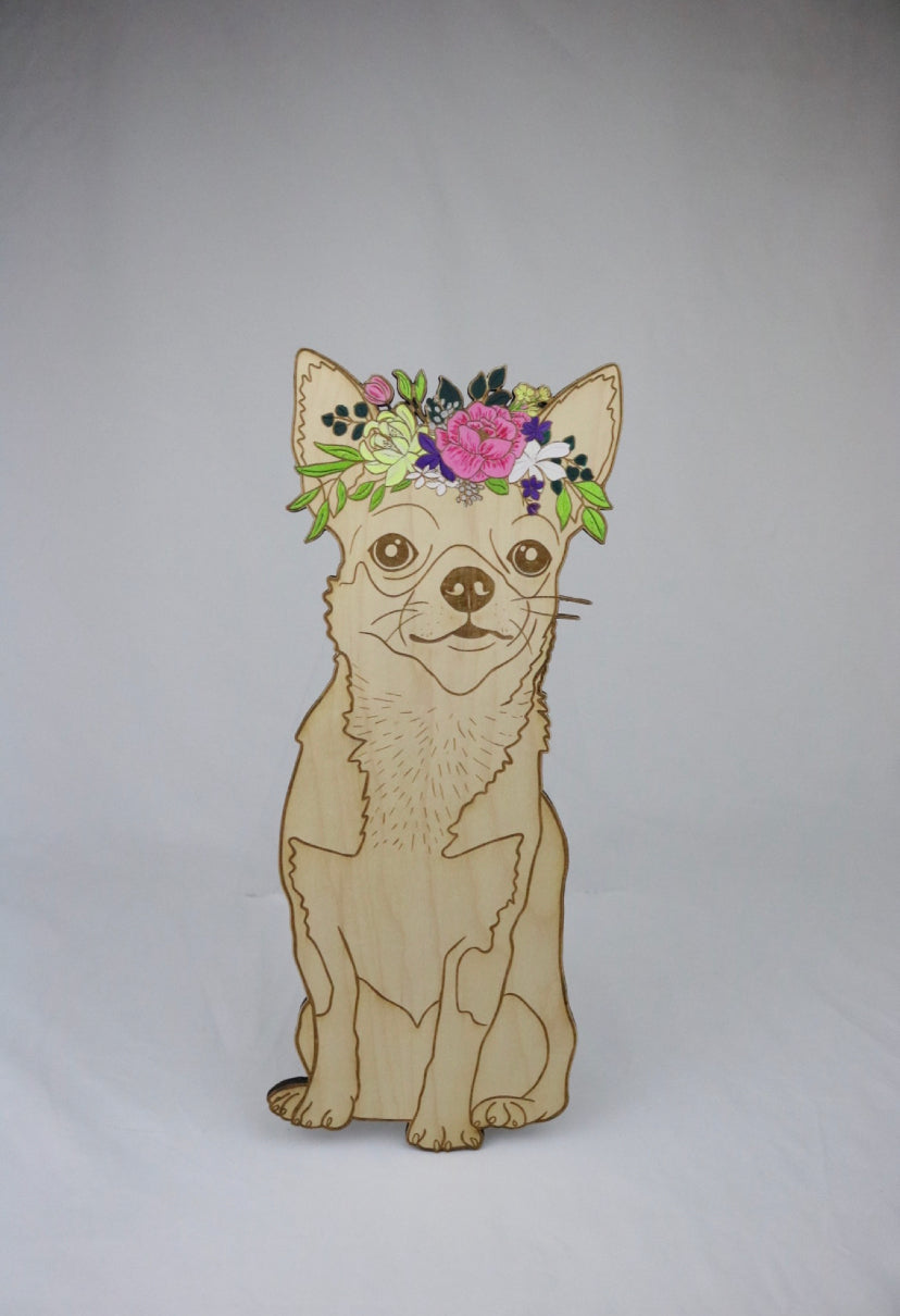 Dogs: 15” Chihuahua Painted Flower Crown Wooden Wall Hanging