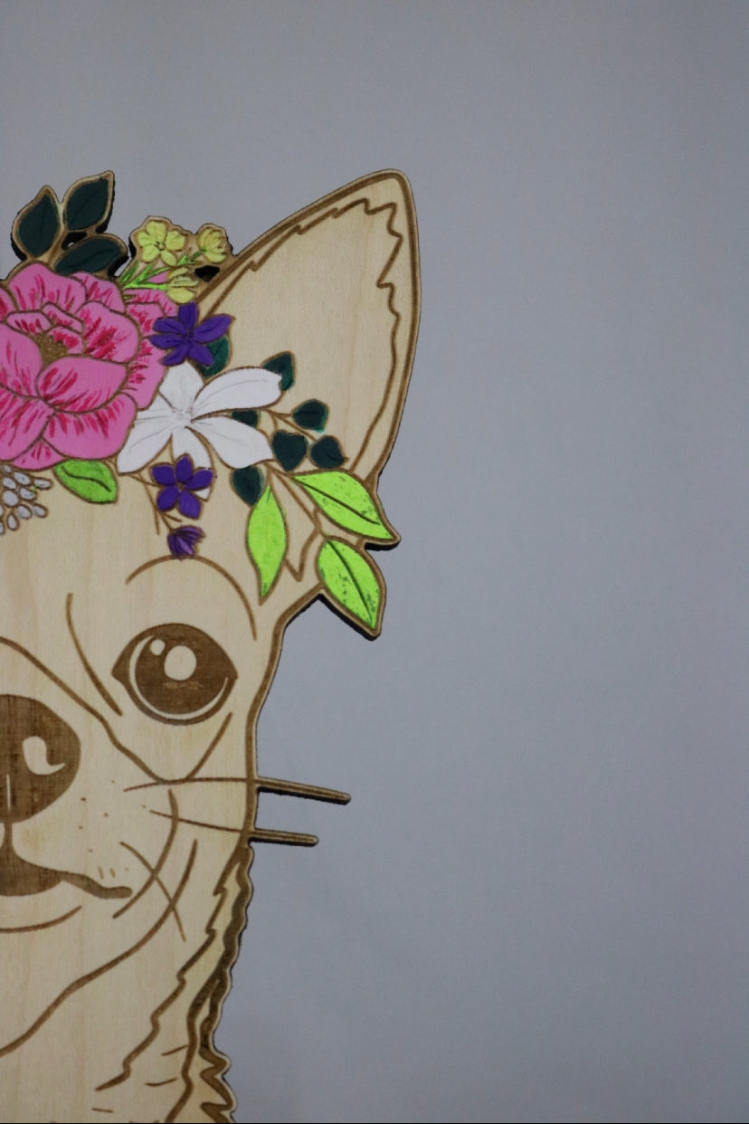 Dogs: 15” Chihuahua Painted Flower Crown Wooden Wall Hanging