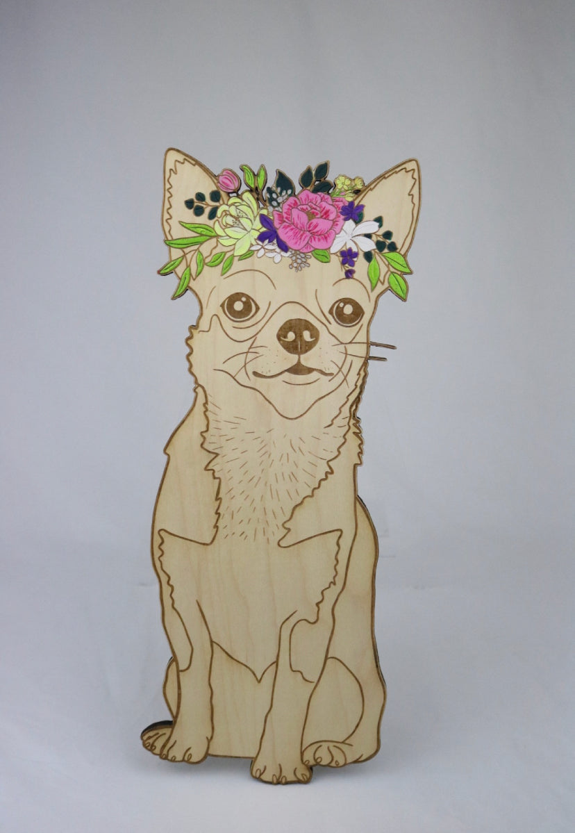 Dogs: 15” Chihuahua Painted Flower Crown Wooden Wall Hanging