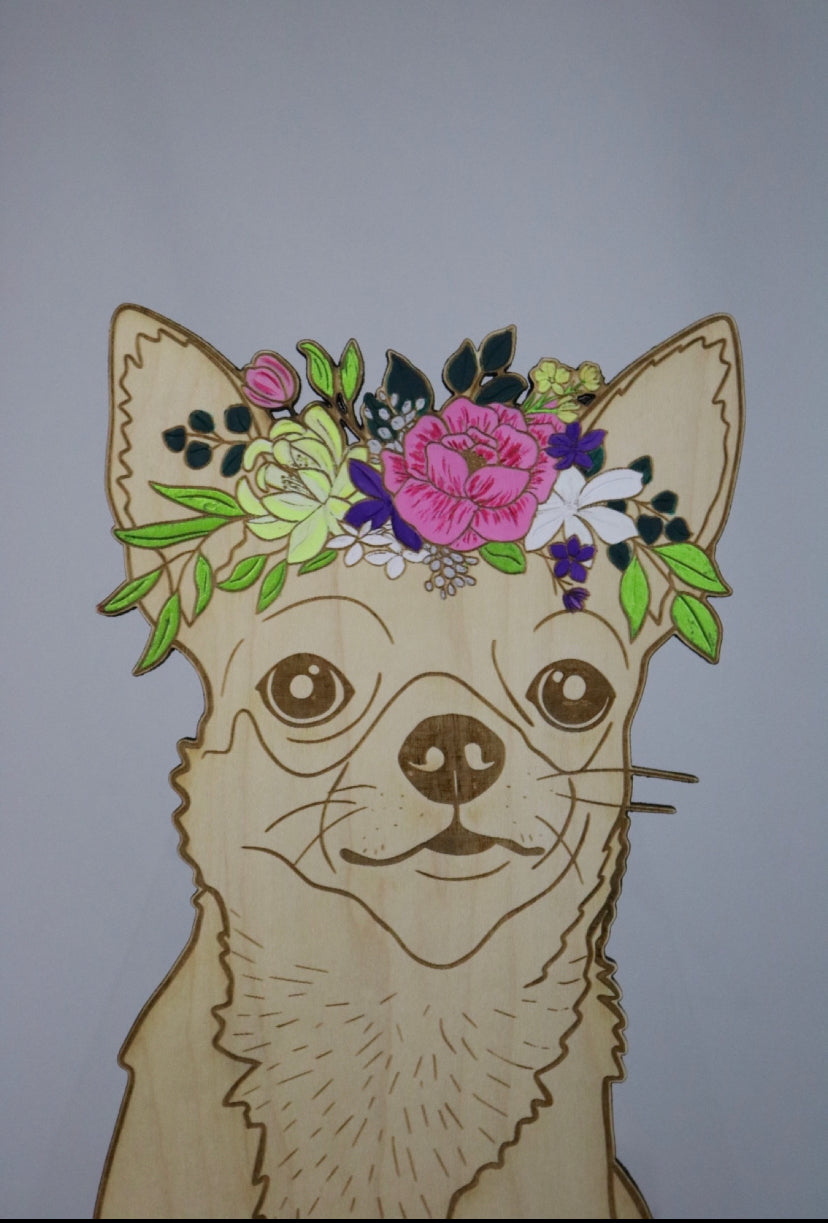 Dogs: 15” Chihuahua Painted Flower Crown Wooden Wall Hanging